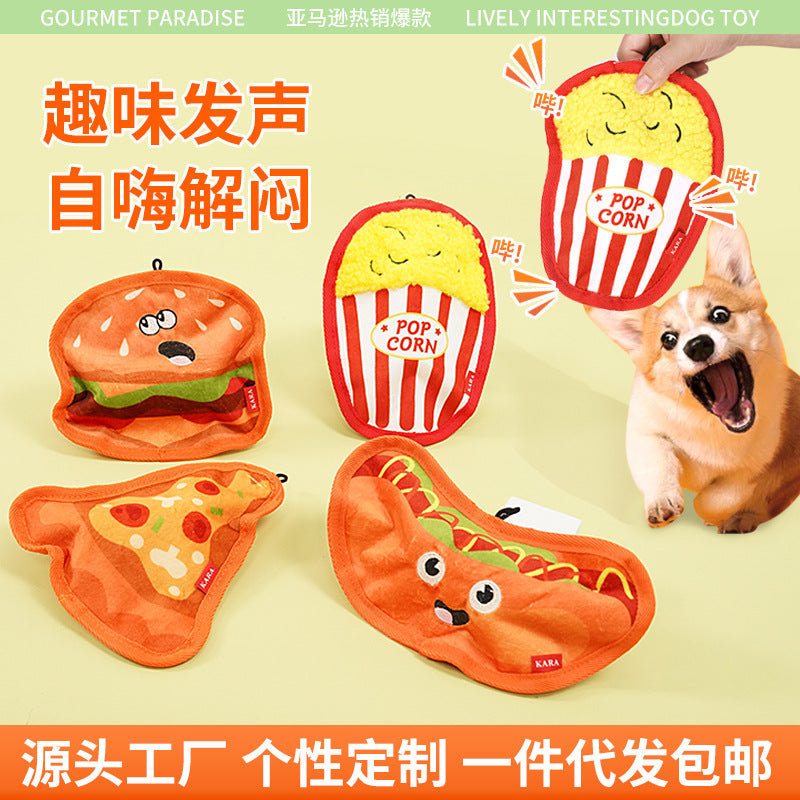 Cross-border dog toys are resistant to clenching and grinding teeth. They can relieve boredom and sound. Simulated burgers and French fries can't bite. Pet toys
